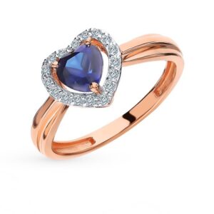 Nhẫn vàng 14K đính đá Sapphire tổng hợp và 17 viên kim cương tấm