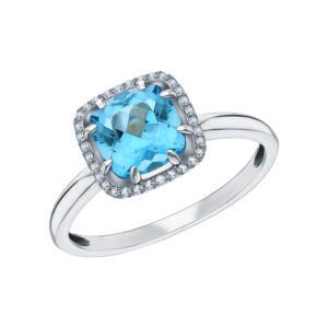 Nhẫn vàng trắng 14KW đính đá Topaz và 32 viên kim cương tấm