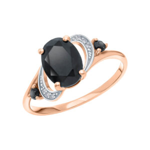 Nhẫn vàng 14KR đính đá chủ Black Spinel và 6 viên kim cương tấm