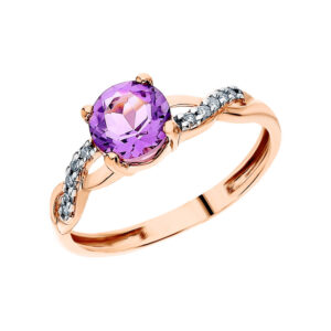 Nhẫn vàng 14K đính đá Amethyst và 10 viên kim cương tấm