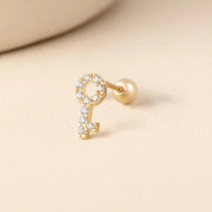 Khuyên Tai Vàng 14KY hình chìa khóa chuôi bi vặn Korean Style