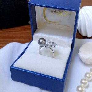 Nhẫn Ngọc Trai Nước Mặn Tahiti Ánh Xà Cừ Xám Đen Free Size (NNT0025)