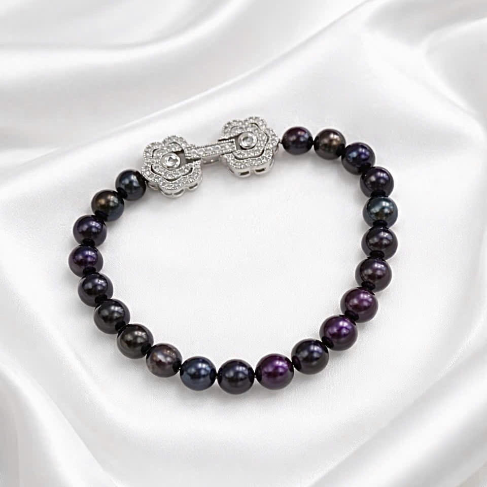 LNT0185 Lắc Ngọc Trai Nước Mặn Akoya ánh xà cừ đen tím (LNT0185) - Ảnh 1