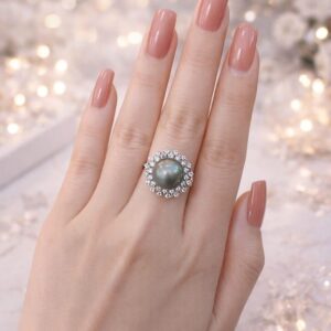 Nhẫn Ngọc Trai Nước Mặn Tahiti Ánh Xà Cừ Xanh Rêu Free Size (N0607)