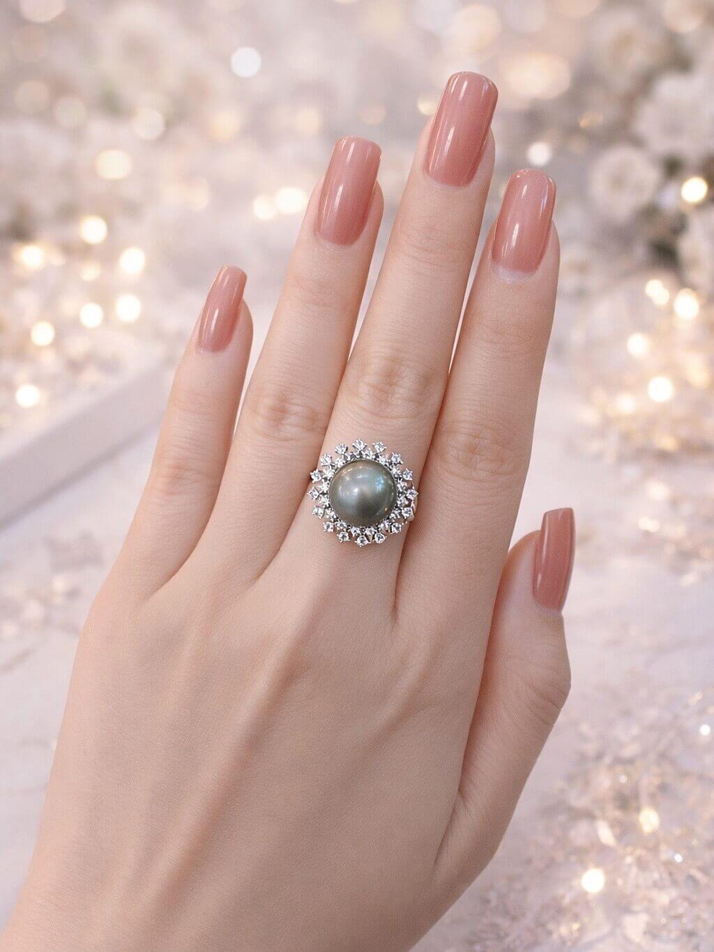 N0607 Nhẫn Ngọc Trai Nước Mặn Tahiti Ánh Xà Cừ Xanh Rêu Free Size (N0607) - Ảnh 1