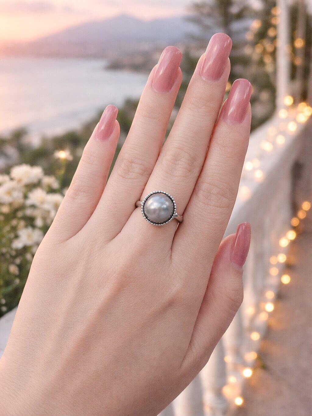 N0614-1 Nhẫn Ngọc Trai Nước Mặn Tahiti Ánh Xà Cừ Xám Free Size (N0614-1) - Ảnh 1